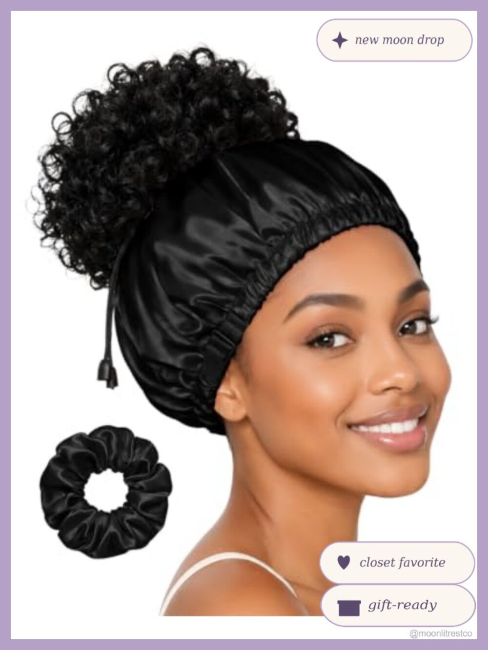 Satin Sleep Bonnet Adjustable Double Layer Open Top w/ Scrunchie